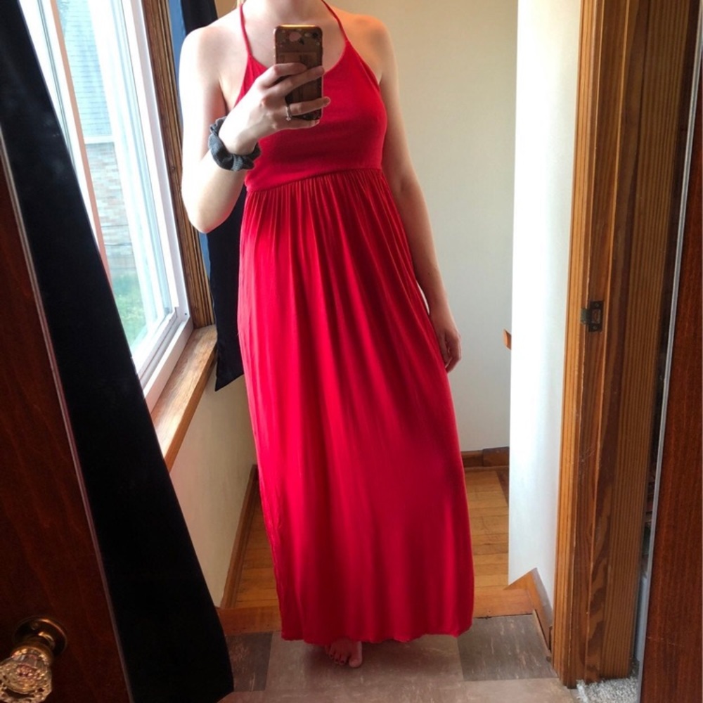 Red open back beach dress